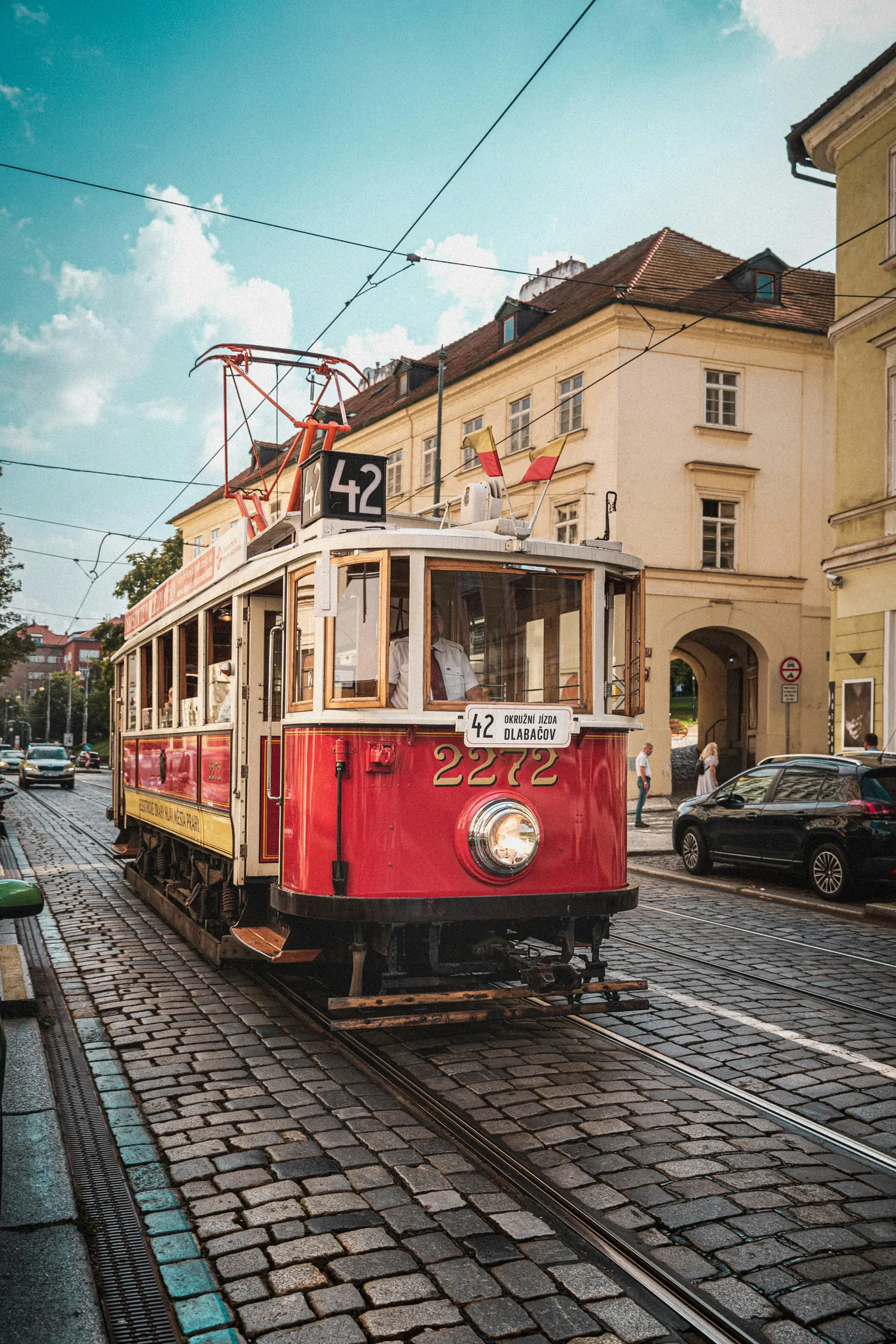 Red historic Tram 42 in Prague’s Old Town